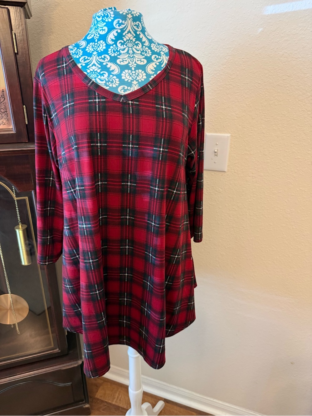 Red Plaid V-Neck Tunic Top